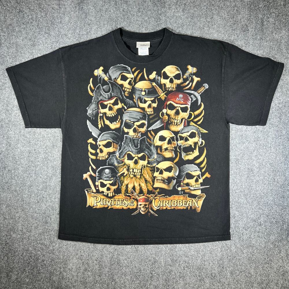 Vintage Disney World Pirates of the Caribbean Skull T-Shirt Black XL